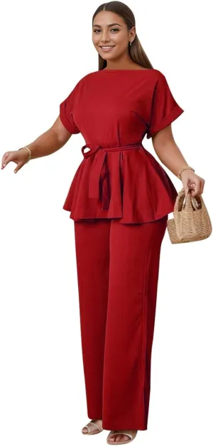 WUSENST Palazzo Pants Sets Women 2 Piece Outfits Round Neck Short Sleeve Tied Waist Ruffle Hem Top Casual Elegant Business Suit Sets