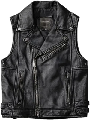 Youllyuu Retro Mens 100% Leather Vests Motorcycle Biker Sleeveless Jacket Casual Vests