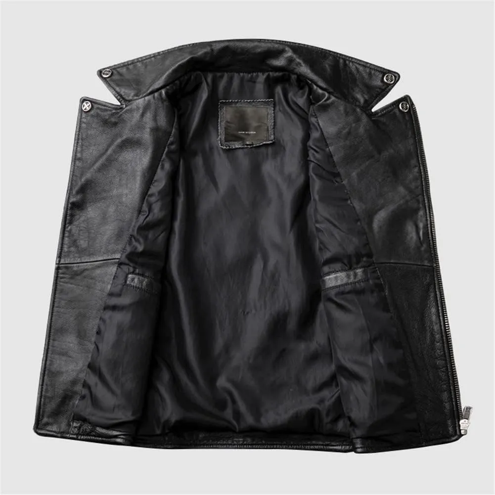 Youllyuu Retro Mens 100% Leather Vests Motorcycle Biker Sleeveless Jacket Casual Vests