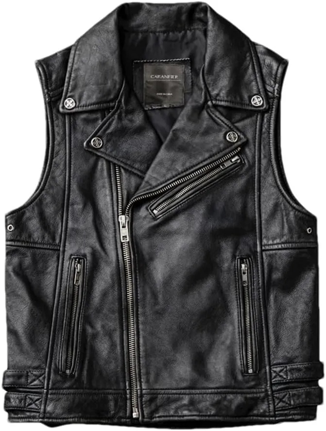 Youllyuu Retro Mens 100% Leather Vests Motorcycle Biker Sleeveless Jacket Casual Vests