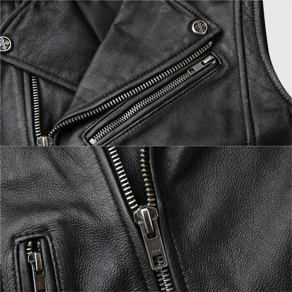 Youllyuu Retro Mens 100% Leather Vests Motorcycle Biker Sleeveless Jacket Casual Vests