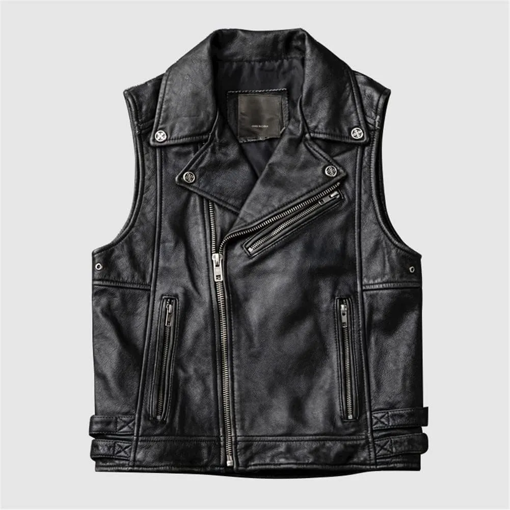 Youllyuu Retro Mens 100% Leather Vests Motorcycle Biker Sleeveless Jacket Casual Vests