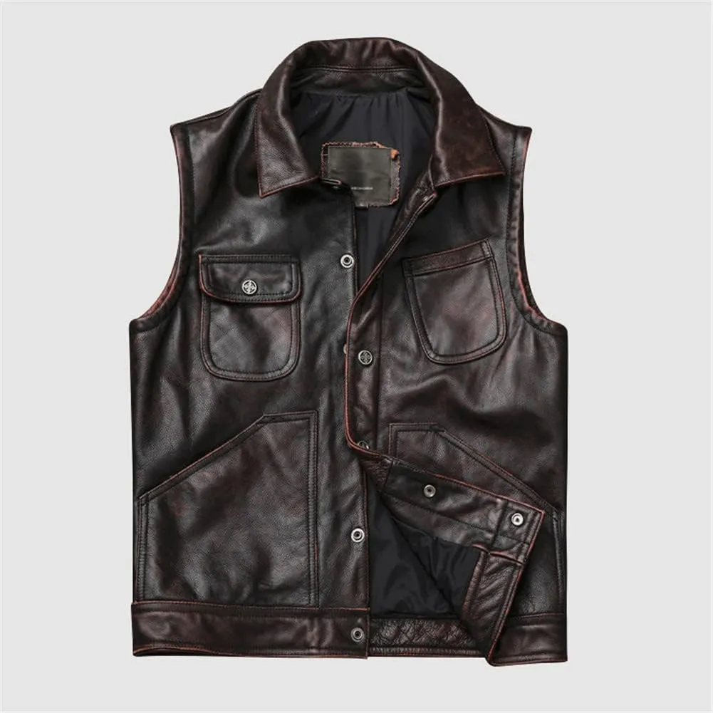 Youllyuu Retro Mens Leather Vests Motorcycle Biker Sleeveless Jacket