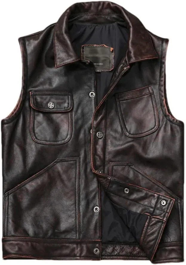 Youllyuu Retro Mens Leather Vests Motorcycle Biker Sleeveless Jacket