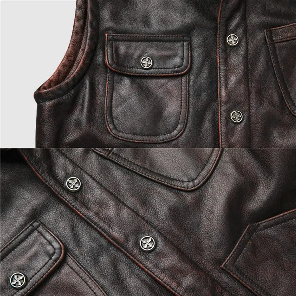 Youllyuu Retro Mens Leather Vests Motorcycle Biker Sleeveless Jacket