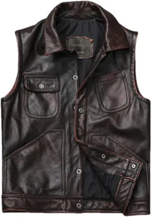 Youllyuu Retro Mens Leather Vests Motorcycle Biker Sleeveless Jacket