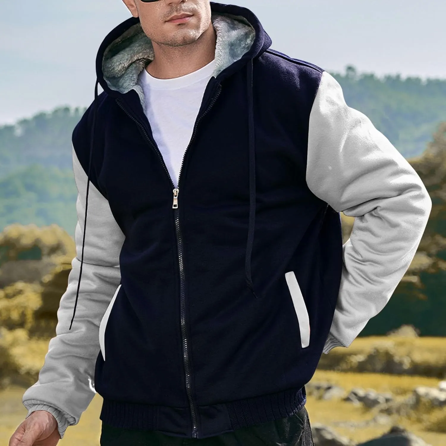 Zip Up Hoodies for Men,Long Sleeve Solid Splicing Oversized Sweatshirts,Fall Heavyweight Hoodies Casual Jacket Baggy Shirts
