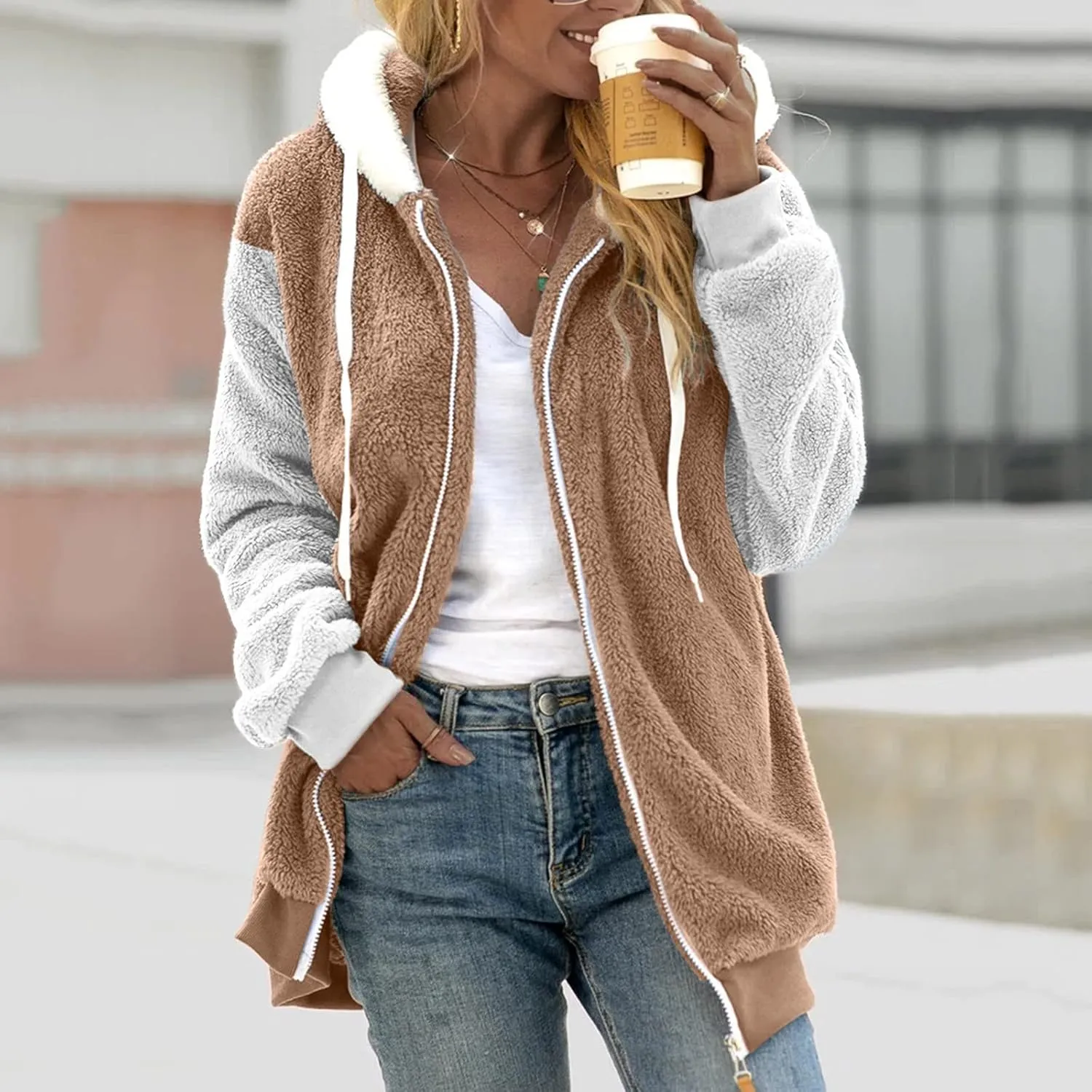 Zip Up Hoodies for Women 2023 Fall Fashion Solid Color Sweatershirt Pullover Tops Long Sleeve Warm Coat Furry Fleece Jacket